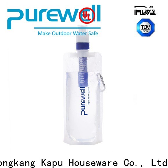 Purewell collapsible water bottle with purifier soft water bottle bag customized for hiking