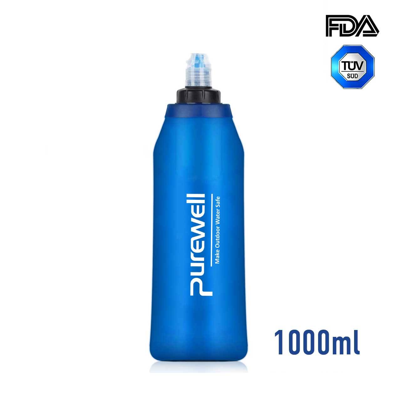 Purewell Outdoor Collapsible Soft Flask 1000ml with Filter for Running, Travel, Backpacking K8640